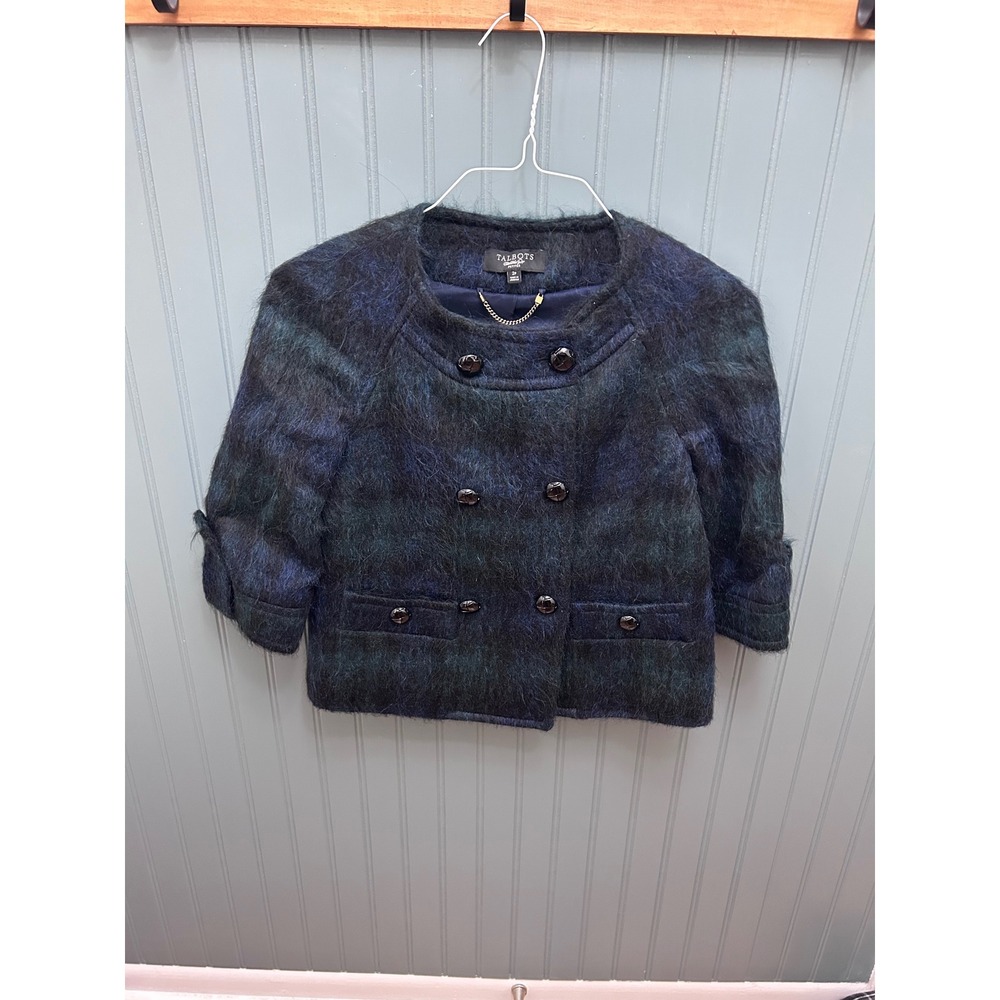 Talbots Petites Wool Alpaca Mohair Plaid Double Breasted Cropped Jacket 2P Blue